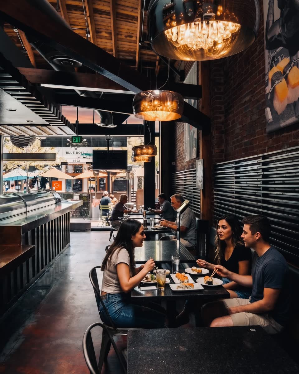 A table of guests sharing rolls at Blue Fish, under the pendant globes along the brick wall