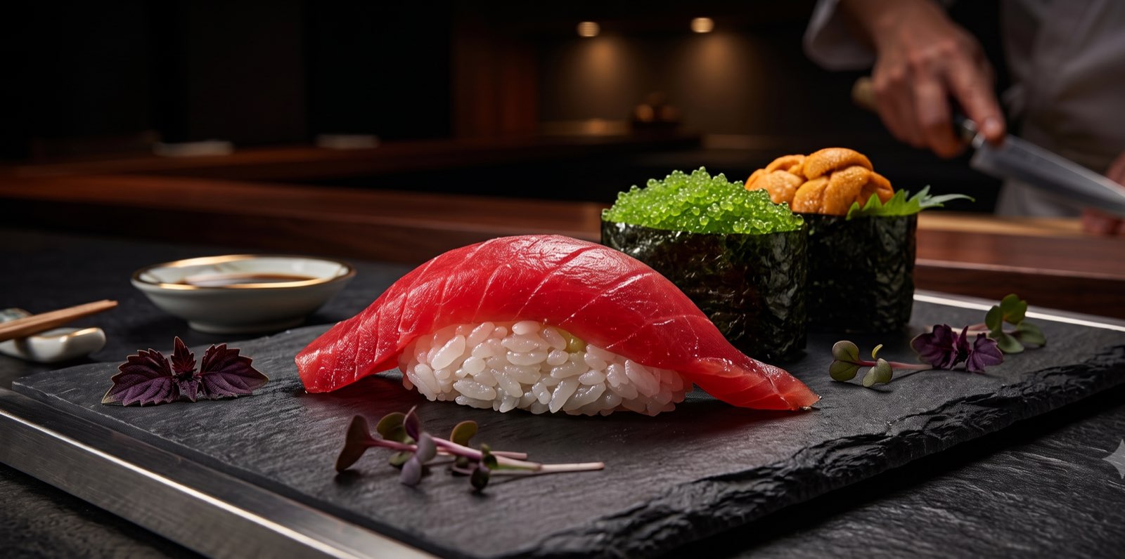Fresh tuna nigiri with uni and tobiko gunkan on a slate board